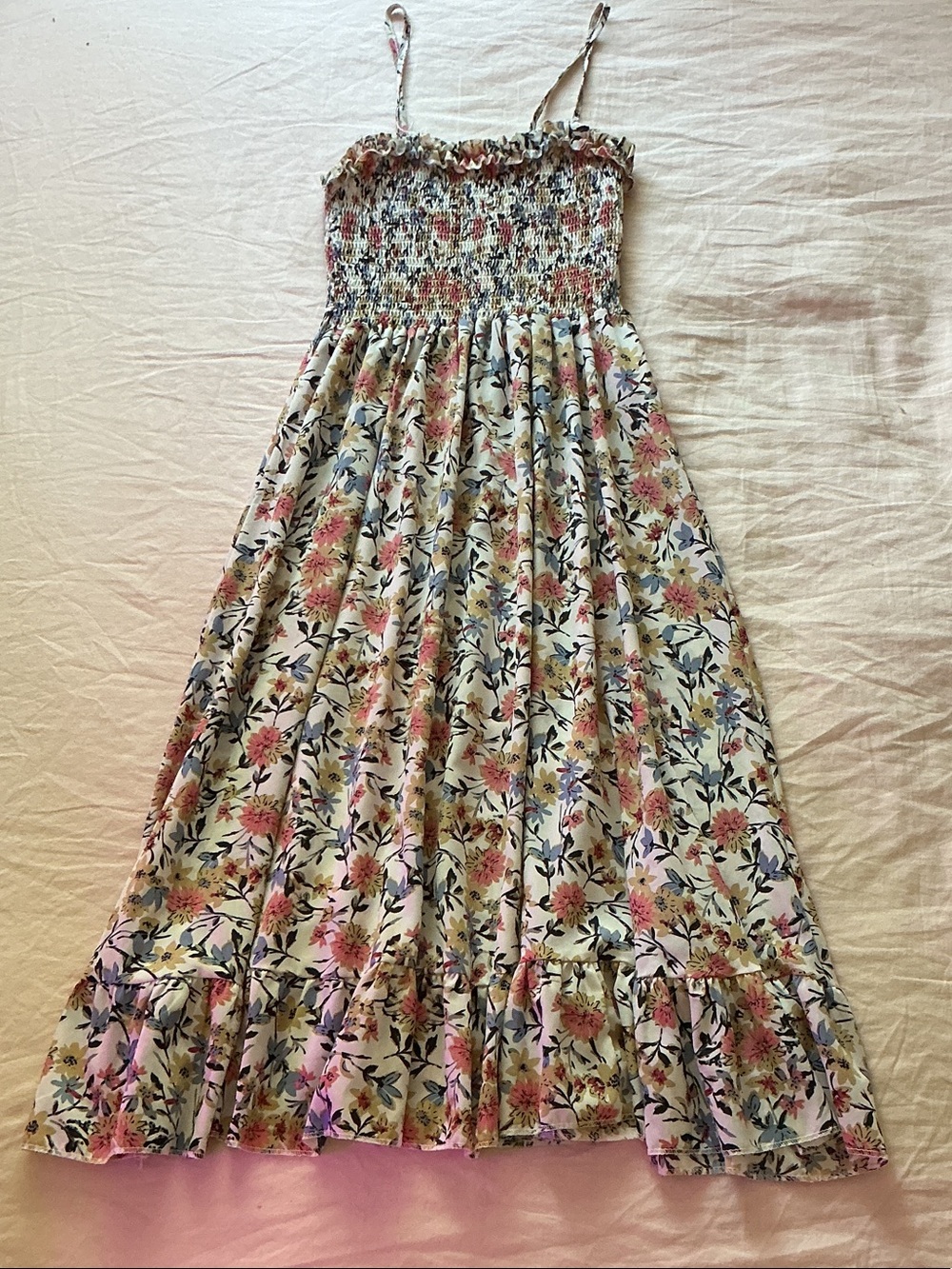 Smocked Floral Maxi Dress in Cream with Pink & Blue Flowers